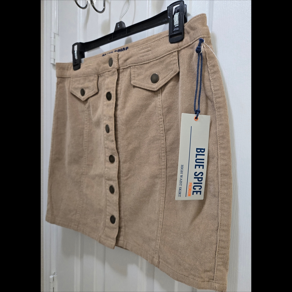 Blue Spice Mini Skirt Corduroy Beige Button Down A Line Lightweight Sz 11 NWT - Picture 3 of 6